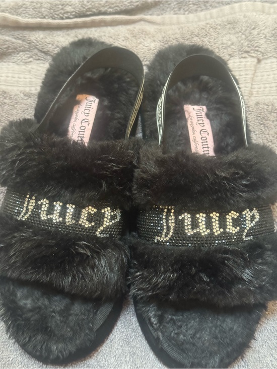 Juicy Couture Shoes - Juicy Couture Black Faux Fur Slide Sandals with Crystal Logo